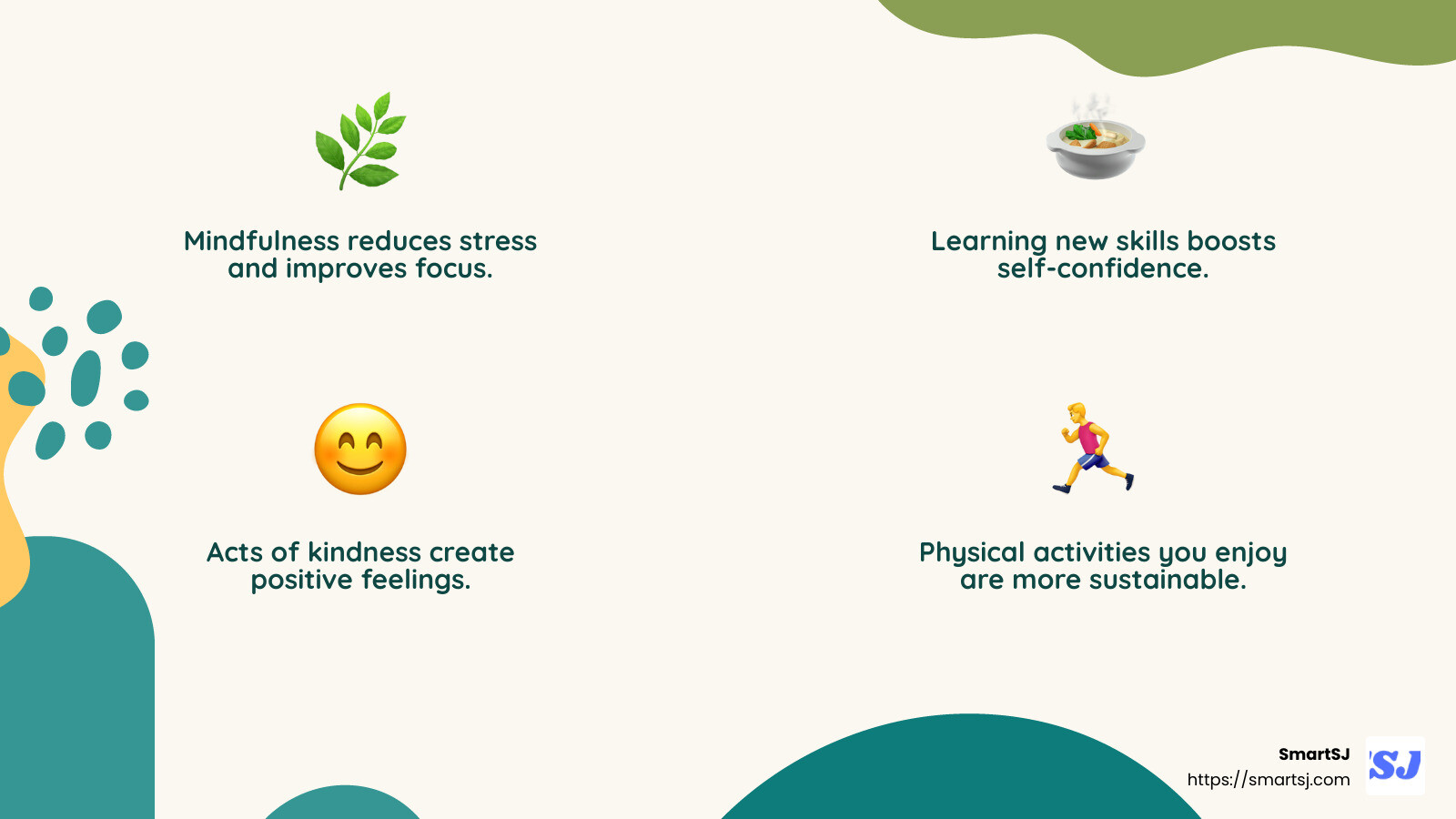 Mindfulness helps reduce stress and improve focus - mental wellness practices infographic 4_facts_emoji_nature