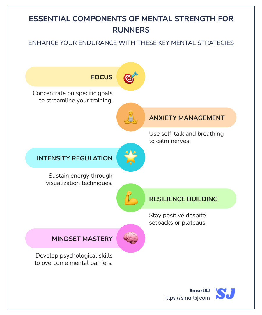 Infographic detailing mental strength components for runners: focus, anxiety control, intensity, and resilience management - mental strength for running infographic infographic-line-5-steps-colors